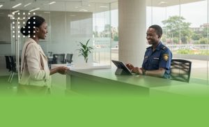 A visitor being given access to the building